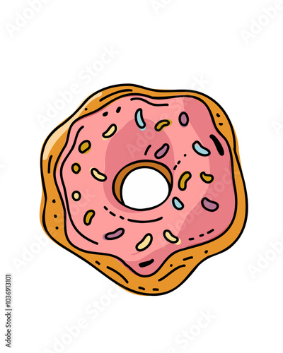 Bright donut with icing and sprinkles in a children's cartoon style
