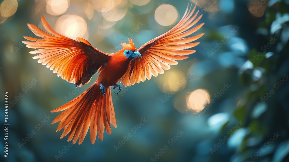 Vibrant Red Bird of Paradise in Flight with Blurred Jungle Background Vibrant Red Bird of Paradise in Flight with Blurred Jungle Background