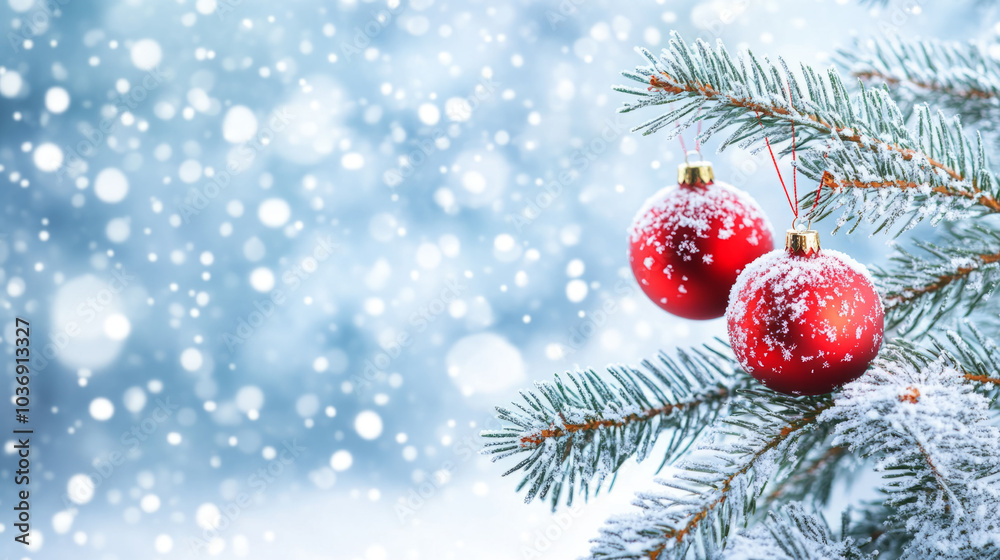 Christmas and new year holidays concept. Red balls on fir branches, winter snowy backdrop. Christmas and new year holidays concept. Red balls on fir branches, winter snowy backdrop.