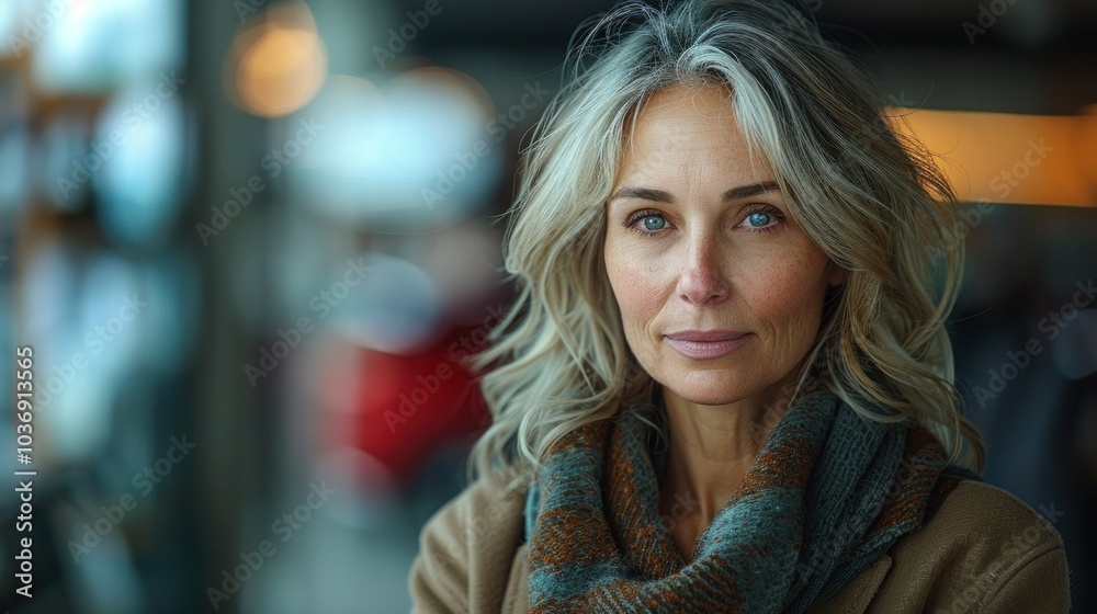 Portrait of beautiful middle aged woman with long blond hair wearing scarf in the city Portrait of beautiful middle aged woman with long blond hair wearing scarf in the city