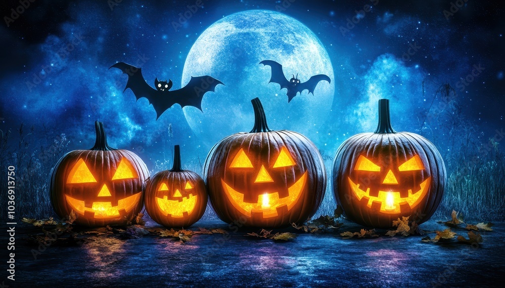 Spooky Jack O' Lanterns glowing under a full moon on Halloween night Spooky Jack O' Lanterns glowing under a full moon on Halloween night