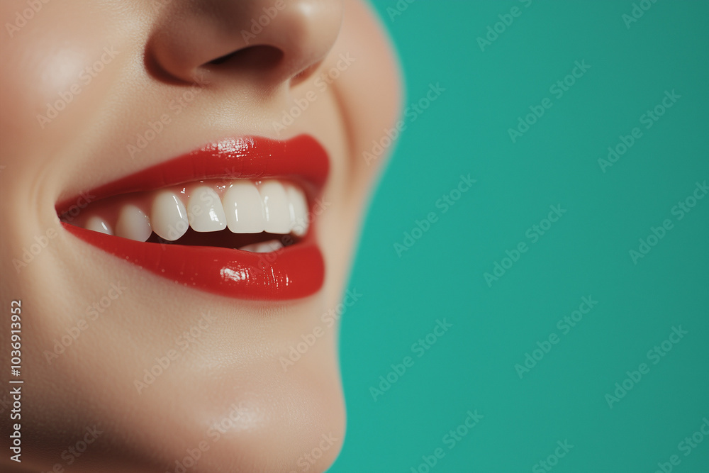A white smile with red lipstick on a blue background. A white smile with red lipstick on a blue background.