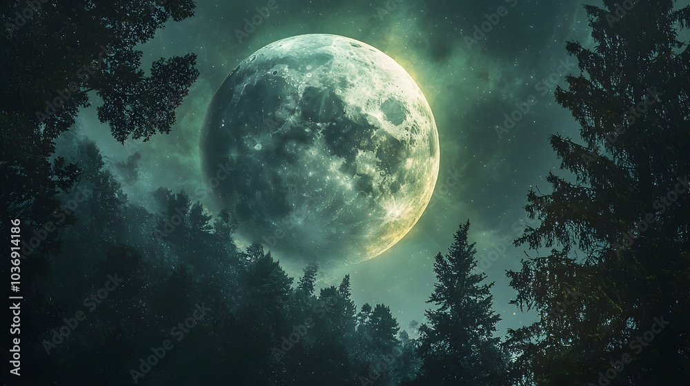 Mystical Green Lit Moon Hovering Over Enchanted Forest Landscape Mystical Green Lit Moon Hovering Over Enchanted Forest Landscape