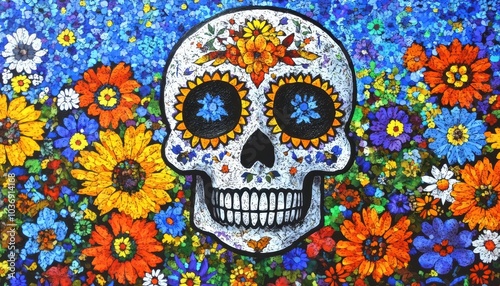 Colorful skull with vibrant flowers for Mexico's Day of the Dead