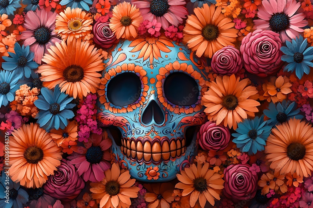 a skull surrounded by flowers
a skull surrounded by flowers