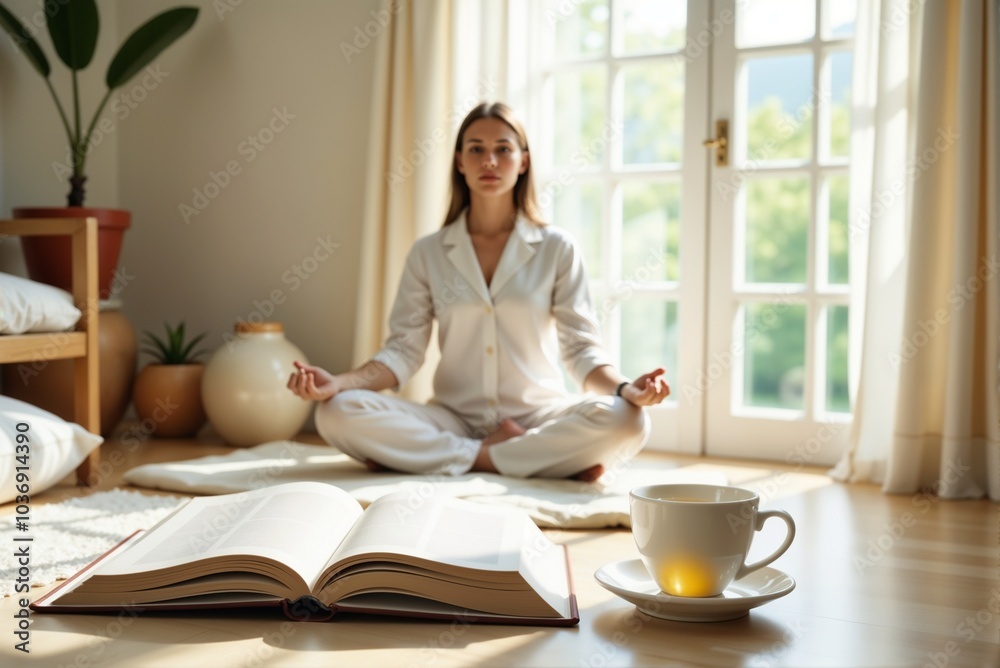 A woman sits in a lotus position on the living room floor A woman sits in a lotus position on the living room floor