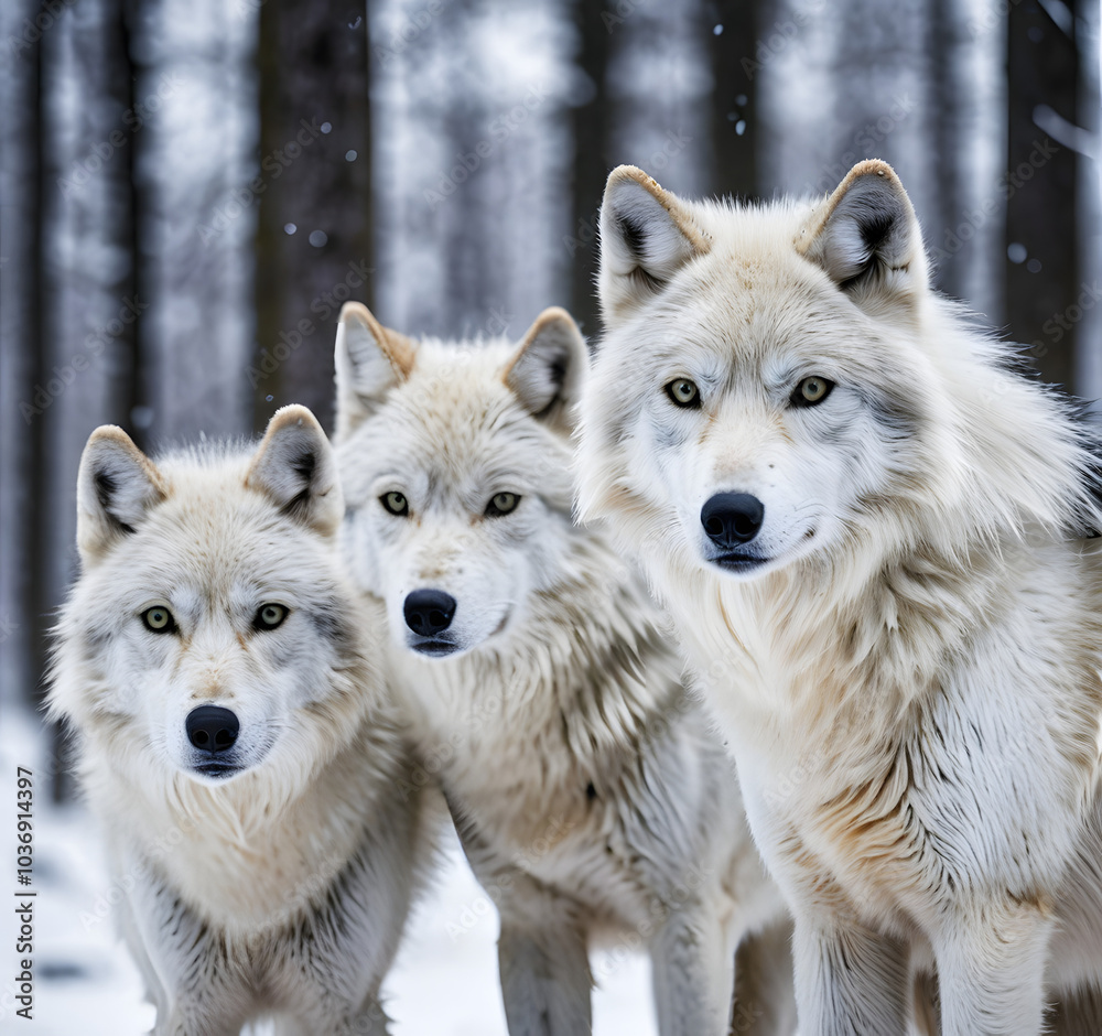 Two graceful arctic wolves in wolf pack in frosty snowy winter forest. Gray wolf couple. Banner with wild animals in their natural habitat. Wildlife scene.