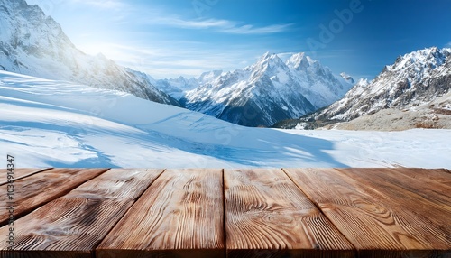 rustic brown wooden table deck on snowy mountains & vibrant blue sky, product placement presentation on frozen ice winter theme photo