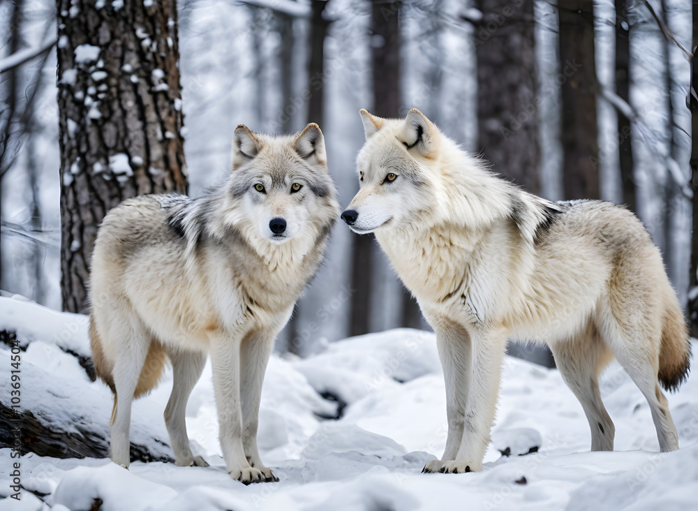 Obraz premium Two graceful arctic wolves in wolf pack in frosty snowy winter forest. Gray wolf couple. Banner with wild animals in their natural habitat. Wildlife scene.