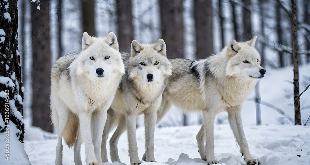 Fototapeta premium Two graceful arctic wolves in wolf pack in frosty snowy winter forest. Gray wolf couple. Banner with wild animals in their natural habitat. Wildlife scene.