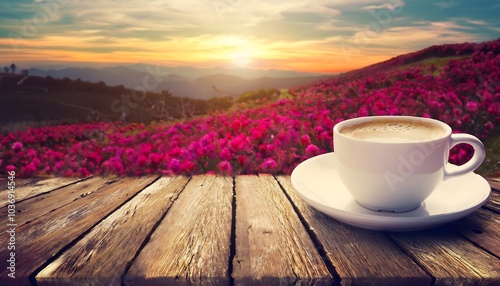 steaming white coffee cup on rustic wooden table, colourful pink flower field & stunning sunrise. peaceful inspiring morning scene photo