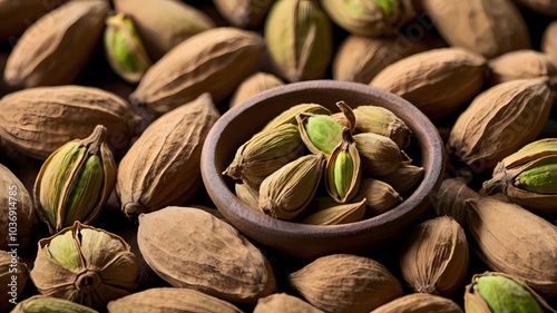 Green cardamom pods closeup, ideal for culinary, spice, & food-related themes advertisement	 photo