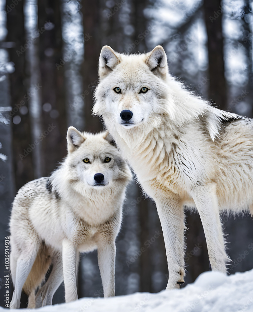 Obraz premium Two graceful arctic wolves in wolf pack in frosty snowy winter forest. Gray wolf couple. Banner with wild animals in their natural habitat. Wildlife scene.