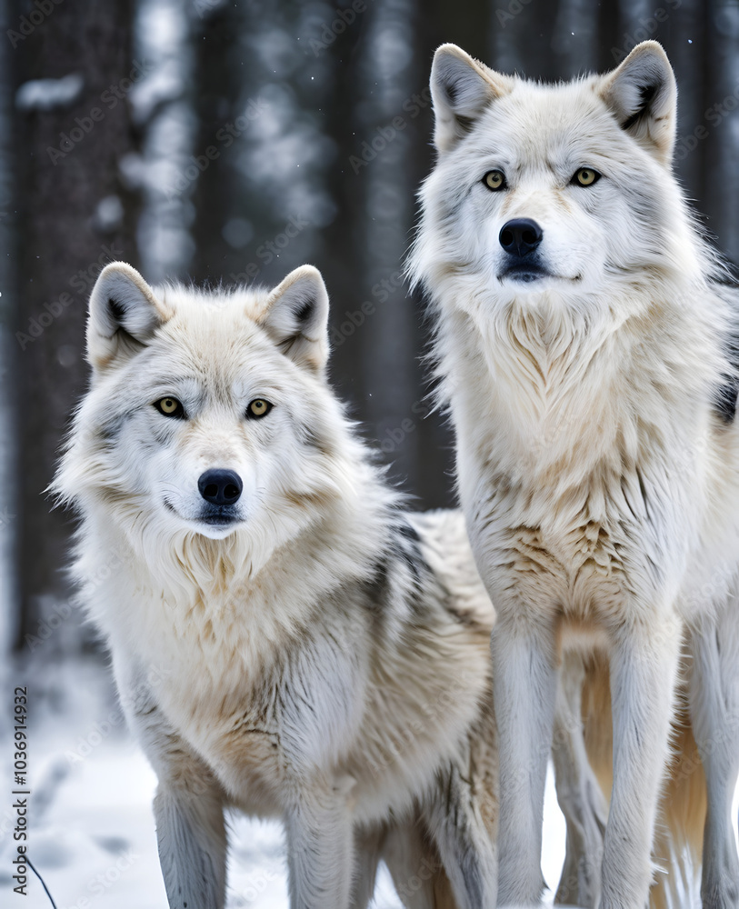 Two graceful arctic wolves in wolf pack in frosty snowy winter forest. Gray wolf couple. Banner with wild animals in their natural habitat. Wildlife scene. Two graceful arctic wolves in wolf pack in frosty snowy winter forest. Gray wolf couple. Banner with wild animals in their natural habitat. Wildlife scene.