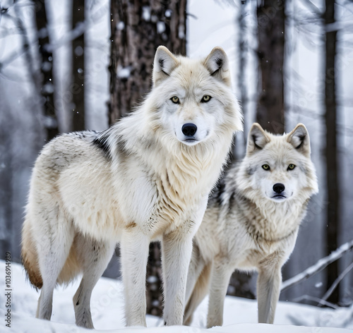 Two graceful arctic wolves in wolf pack in frosty snowy winter forest. Gray wolf couple. Banner with wild animals in their natural habitat. Wildlife scene.