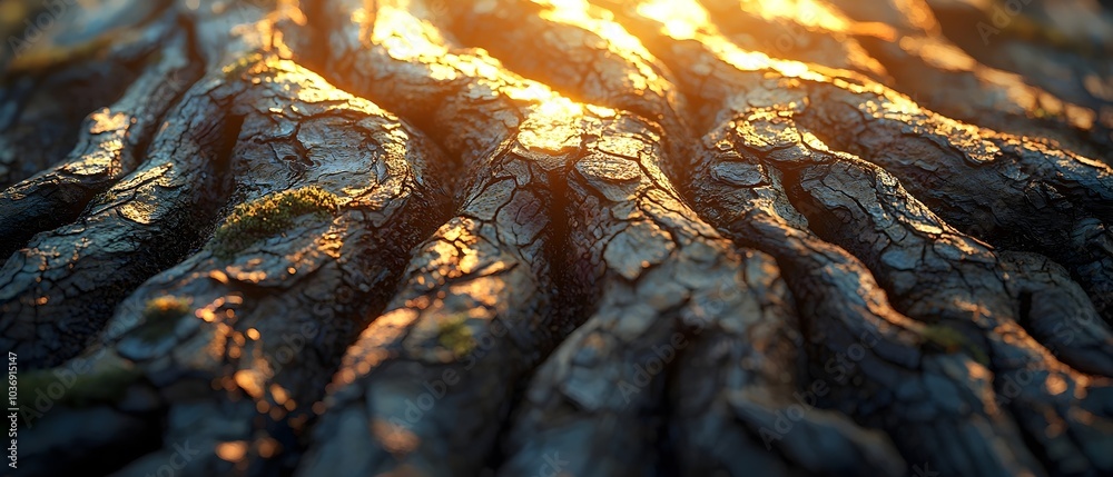 Close-up of textured tree bark with intricate cracks and golden sunlight illuminating its rugged surface, creating a warm and natural ambiance. Close-up of textured tree bark with intricate cracks and golden sunlight illuminating its rugged surface, creating a warm and natural ambiance.