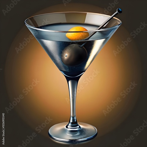 a martini glass with a black olive on top of it