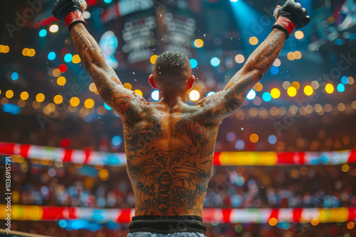 The arena buzzes with energy as a professional MMA fighter raises arms in triumph, showcasing tattooed gains. The glow of the lights highlights the intense atmosphere of victory photo