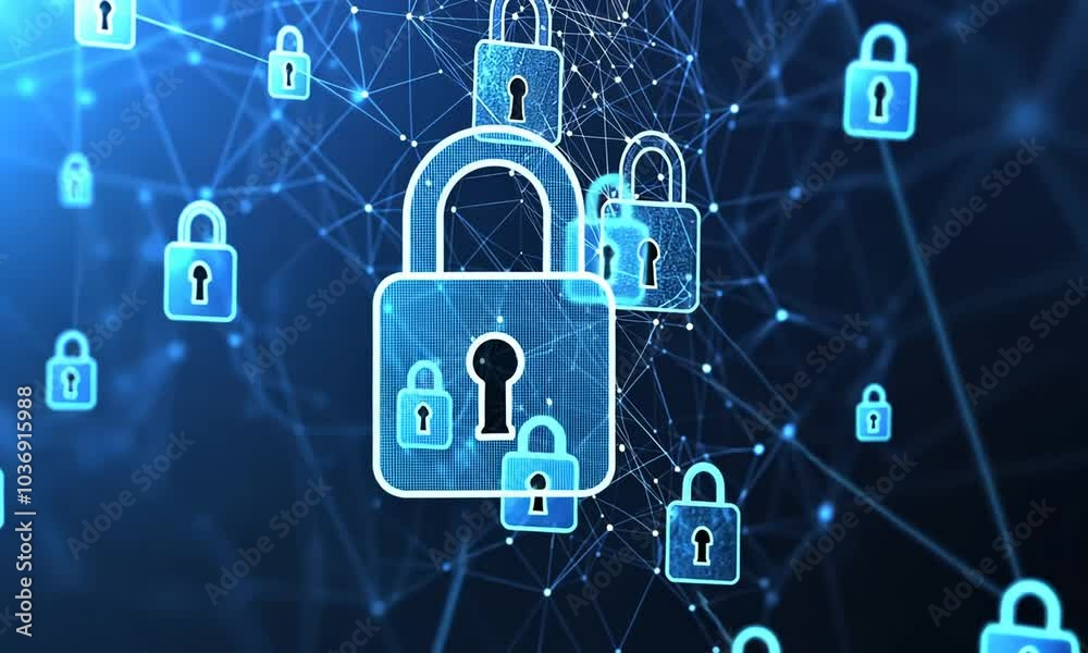 Abstract digital security network with glowing blue padlock icons connected by lines.