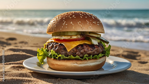 Burger on an outdoor sand beach photo