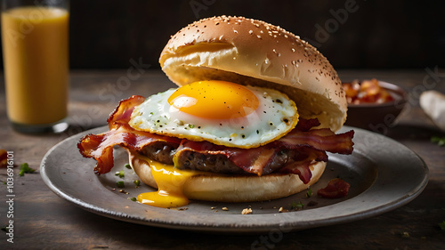 Savory Breakfast Burger Crispy Bacon and Sunny Side Up Egg photo