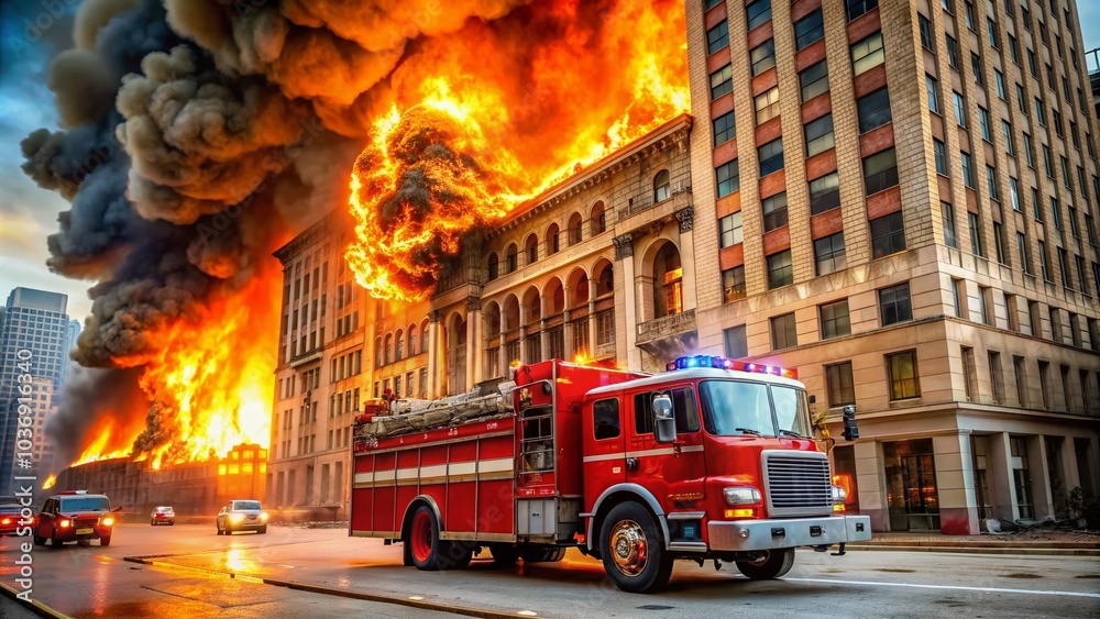 Obraz premium Dramatic scene of a bright red firefighting truck parked in front of a massive inferno engulfing a multi-story urban building with flames raging upwards.