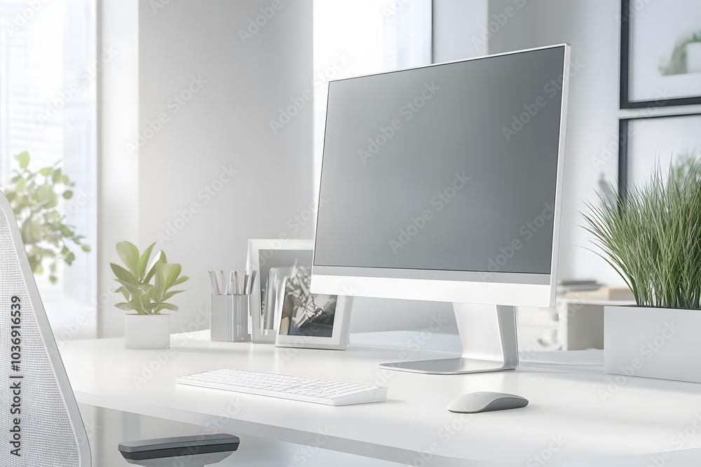 Fototapeta premium White Desk with Computer, Keyboard, Mouse, and Plants
