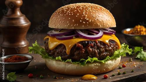 Burger arranged with crispy lettuce, tomato slices and onion photo