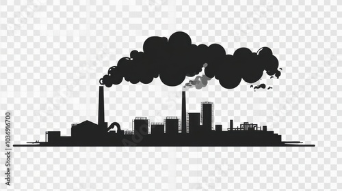 Silhouette of an industrial landscape with smokestacks emitting smoke into the air.