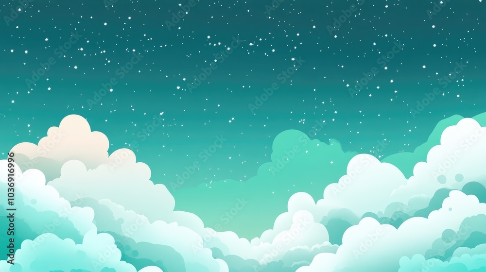 Abstract background featuring clouds and stars in shades of green and blue Suitable template for space and cloud themed illustrations Abstract background featuring clouds and stars in shades of green and blue Suitable template for space and cloud themed illustrations