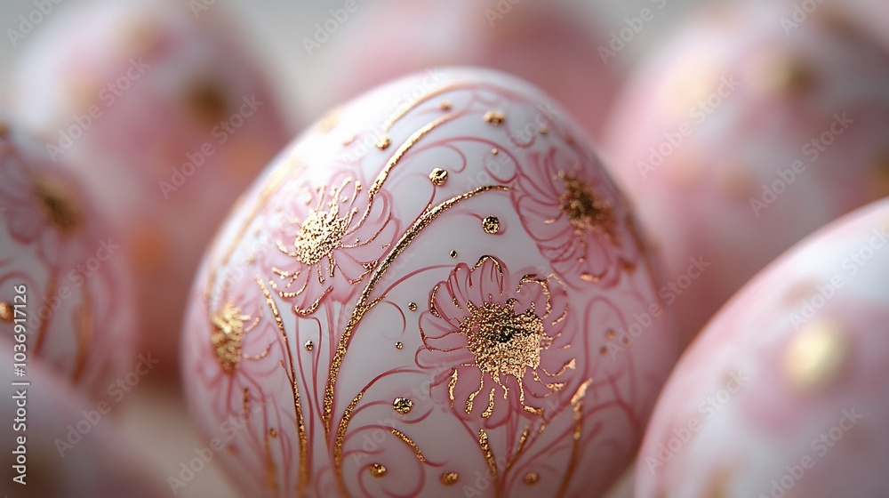 Stunning closeup of Easter eggs adorned generative AIdesigned floral motifs in shades of pink and gold The intricate designs create a sense of elegance set against a smooth cream background Stunning closeup of Easter eggs adorned generative AIdesigned floral motifs in shades of pink and gold The intricate designs create a sense of elegance set against a smooth cream background
