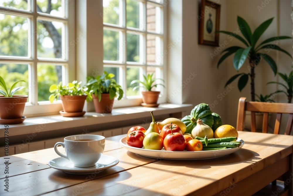 A wooden table with a plate of fruit, vegetables, and coffee A wooden table with a plate of fruit, vegetables, and coffee