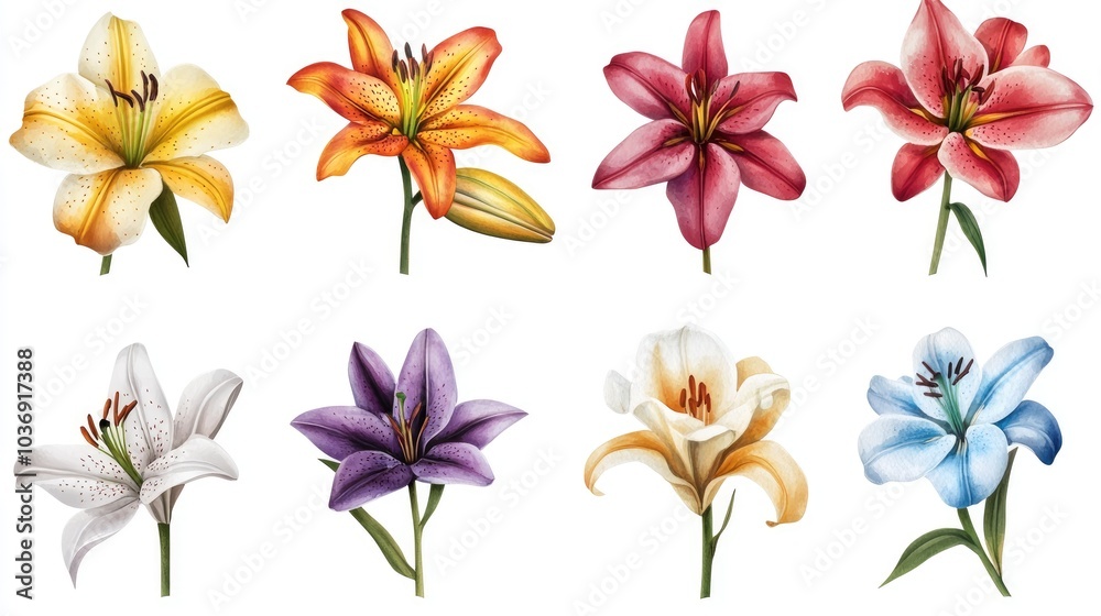 Obraz premium Collection of lily blossoms on a white background with a clipping path Close up of watercolor flowers For creative design Nature