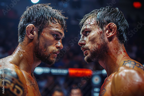 Two fierce MMA fighters confront each other in the octagon, muscles taut and expressions intense, as they prepare for an impending battle under the bright arena lights photo