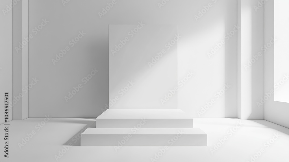 Obraz premium Empty podium or pedestal showcased on a white background featuring a box stand concept Blank product display shelf as a backdrop 3D rendering