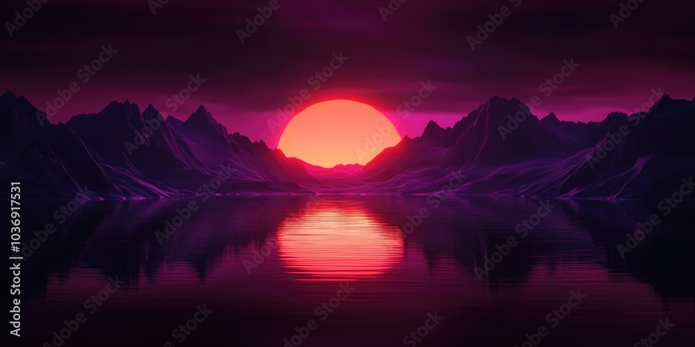 Fototapeta premium Silhouette of mountain range reflecting in a tranquil lake during sunset, Mountain Range Reflection in Calm Lake at Sunset