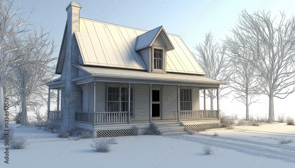 3D house model with snow-covered landscape and bare trees in winter daylight