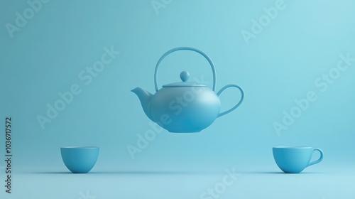 Wallpaper Mural Floating blue teapot and cups against a blue background Minimalist creative concept in a monochrome style 3D rendering Torontodigital.ca