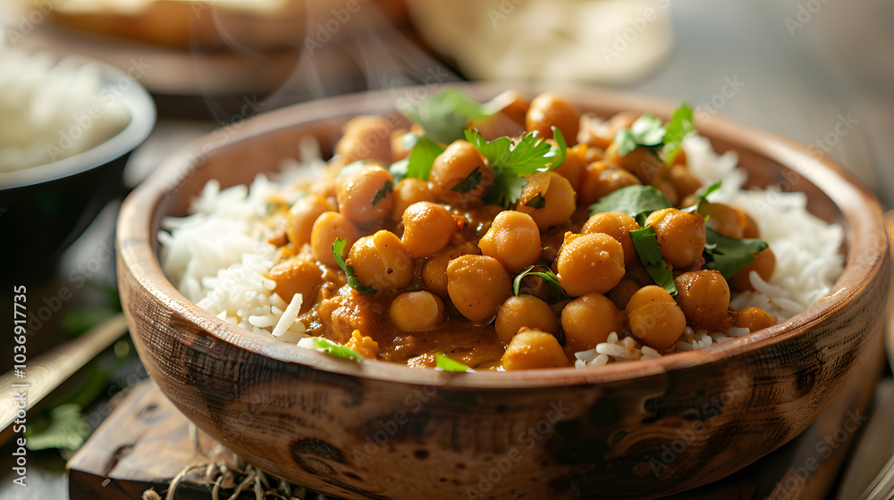 Vegan Day, Steaming bowl of vegan chickpea curry Vegan Day, Steaming bowl of vegan chickpea curry