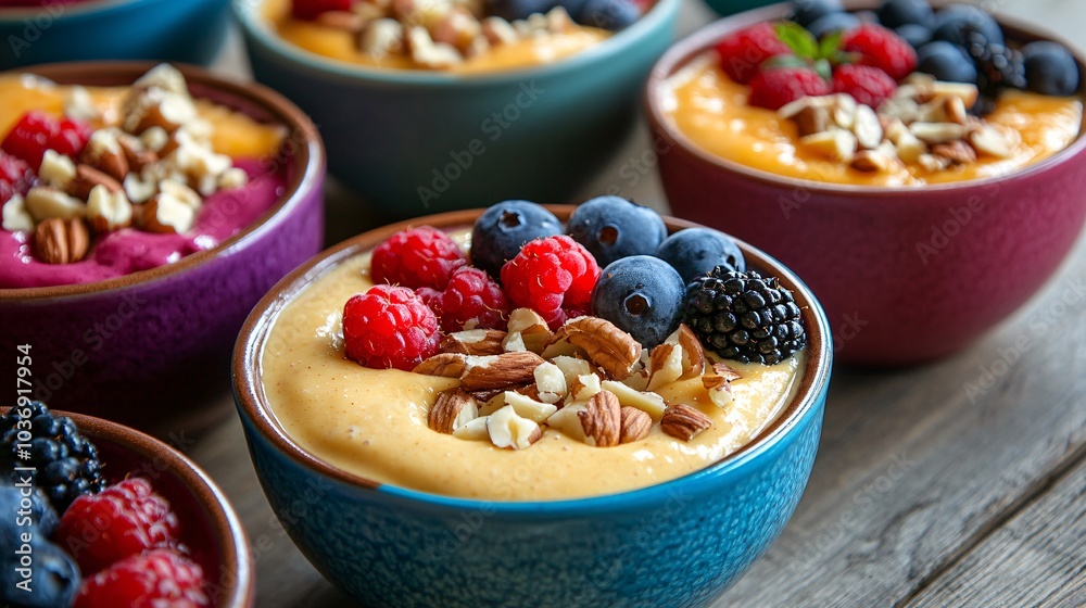 Healthy breakfast with oatmeal, berries and nuts in colorful bowls. Healthy breakfast with oatmeal, berries and nuts in colorful bowls.