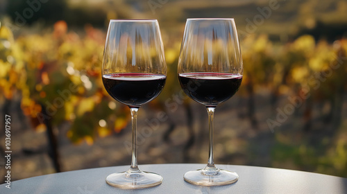 Red wine in glasses, in a vinyard setting