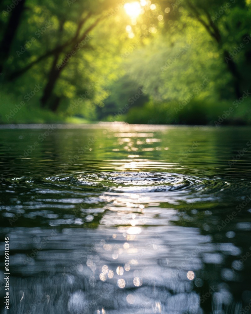 A serene river scene with ripples, surrounded by lush greenery and warm sunlight filtering through trees. A serene river scene with ripples, surrounded by lush greenery and warm sunlight filtering through trees.