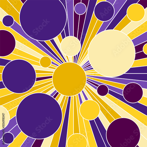 Colored geometric background. Circles of different sizes are connected by lines from the center. Flat style for cover, poster and creative design