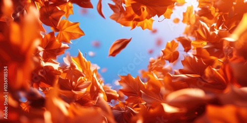 Vibrant orange maple leaves contrasted against a clear blue sky A landscape-oriented image with ample room for text, Autumn foliage with orange leaves under a blue sky landscape orientation photo