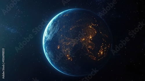 Beautiful planet Earth depicted in a 3D cartoon rendering showcasing night lights of cities from space Stunning nighttime view of the planet highlighting urban areas in Asia Concept of development