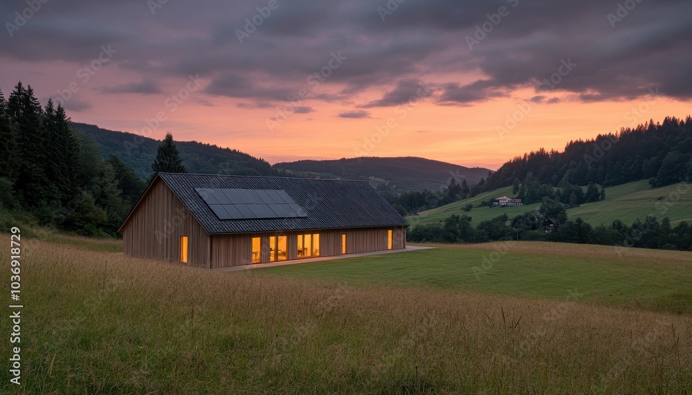 Modern house with solar panels standing in a field at sunset Modern house with solar panels standing in a field at sunset