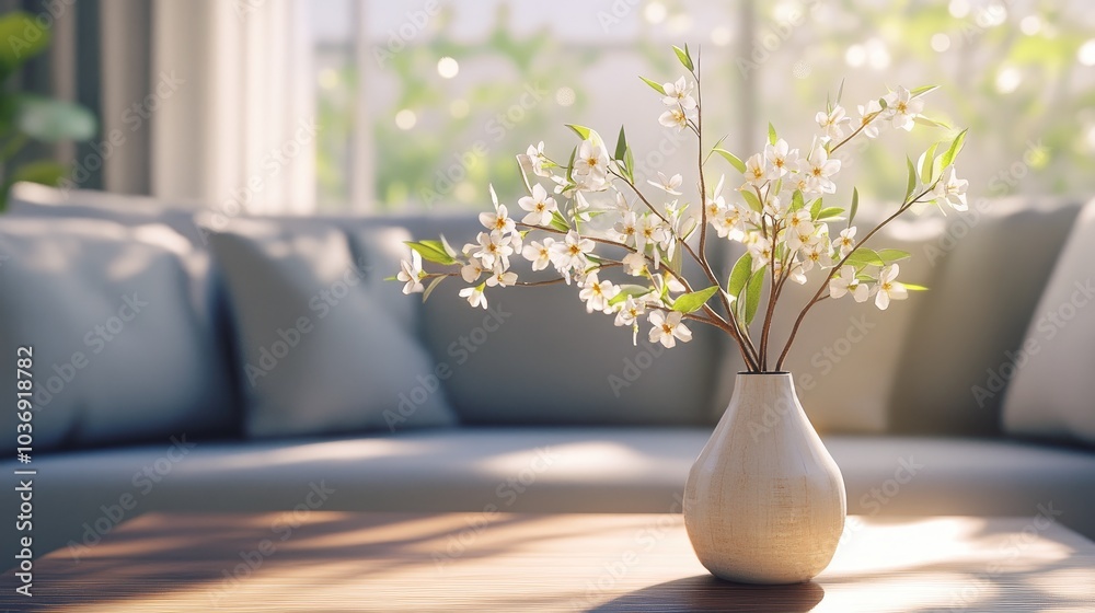 3D rendering of blooming branches in a vase on a coffee table within a living room setting 3D rendering of blooming branches in a vase on a coffee table within a living room setting
