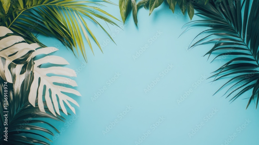 Tropical palm leaf frame on a blue and white background ideal for cosmetic products summer themed templates travel promotions and holiday sales Tropical palm leaf frame on a blue and white background ideal for cosmetic products summer themed templates travel promotions and holiday sales