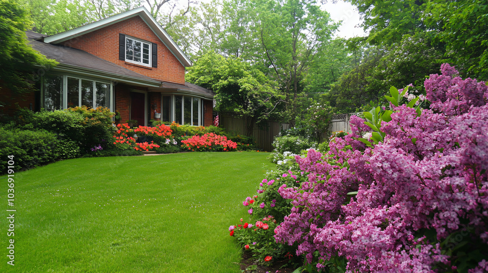 Fototapeta premium A vibrant spring display of blooming lilacs and azaleas, enhancing the beauty of the garden.