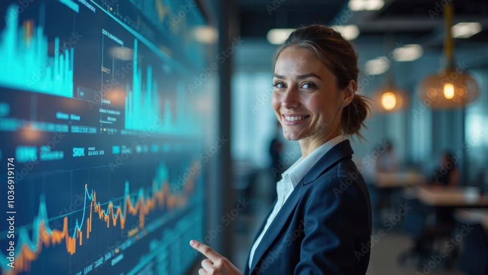 Businesswoman Analyzing Data on Screen in Modern Office Businesswoman Analyzing Data on Screen in Modern Office